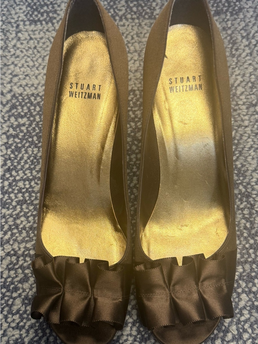 Stuart Weitzman Brown Satin Peep-Toe Pumps with Ruffle Detail